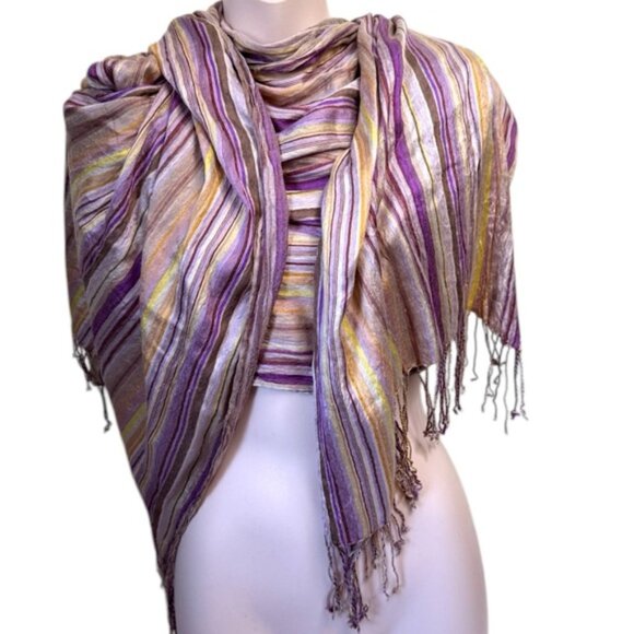 Paul Smith Striped 100% Silk Scarf Fringe Oversized Shawl Wrap Lightweight Cover